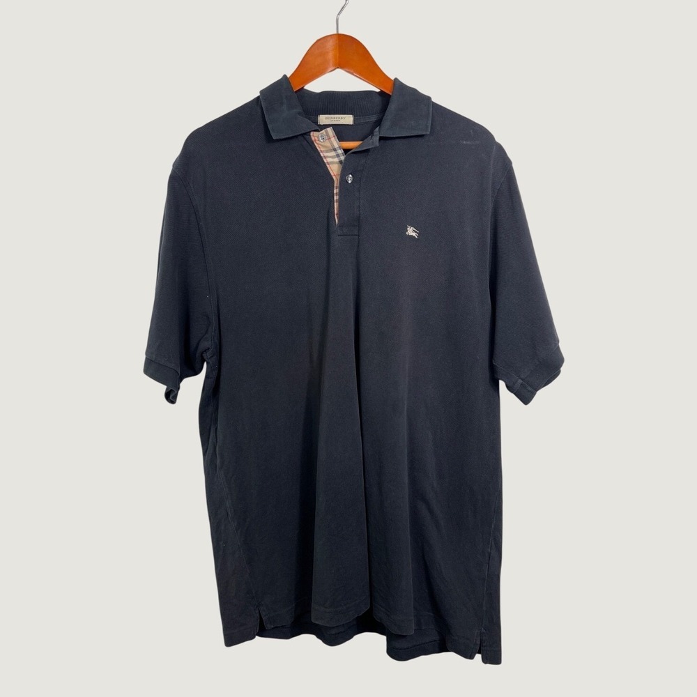 Burberry London Polo Shirt Mens XL Black Nova Check Trim Cotton Pique S/S‎